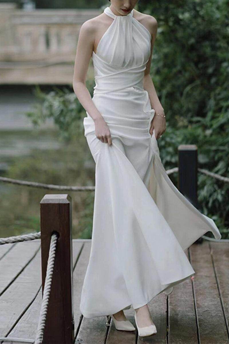 Sheath-Column Sweep-Brush Train Satin Wedding Dress 681178927183 - COCOMELODY